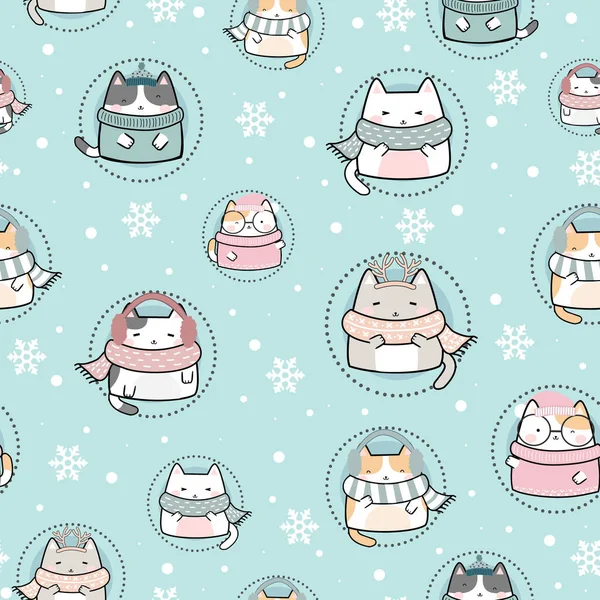 마법없는 크리스마스 카와이 Cute Cats Cartoon Animals Background Vector Illustration — 스톡 벡터