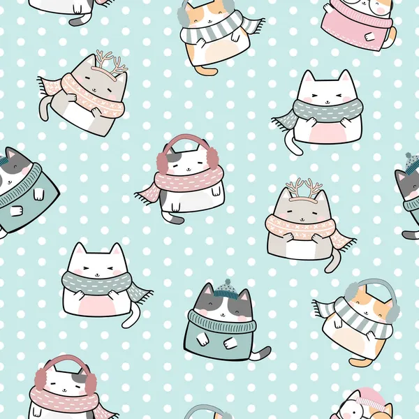 Seamless Pattern Christmas Kawaii Cute Cats Cartoon Animals Background Vector — Stock Vector