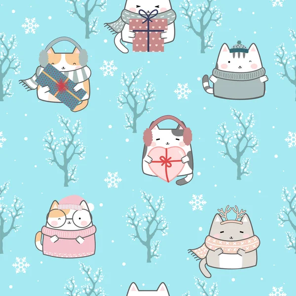 마법없는 크리스마스 Kawaii Cute Cats Pattern Cartoon Animals Background Vector — 스톡 벡터