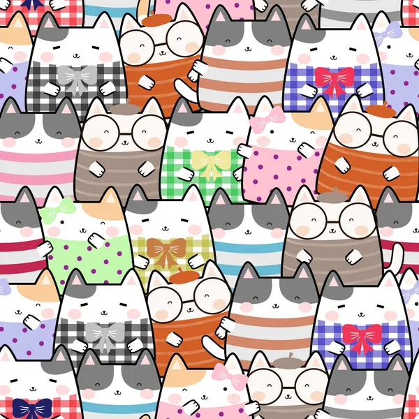 Seamless Pattern Kawaii Cute Cats Cartoon Animals Background Vector Illustration — стоковий вектор