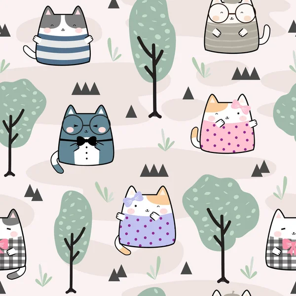 Seamless Pattern Kawaii Cute Cats Cartoon Animals Background Vector Illustration — 스톡 벡터