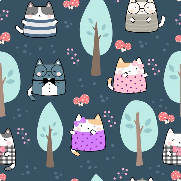 Seamless Pattern Kawaii Cute Cats Cartoon Animals Background Vector Illustration — 스톡 벡터