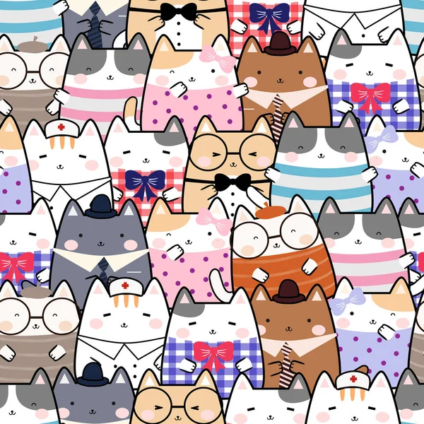 Seamless Pattern Kawaii Cute Cats Cartoon Animals Background Vector Illustration — Stock Vector