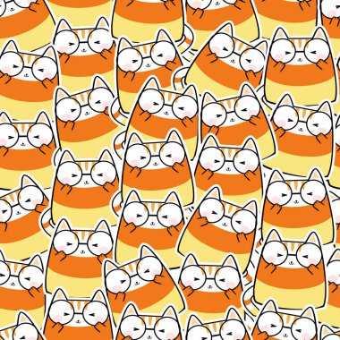 Kawaii 'nin Cadılar Bayramı için şirin kedi kostümü içinde kusursuz bir desen. Çizgi film Hayvanlar Arkaplanı, Vektör İllüstrasyonu