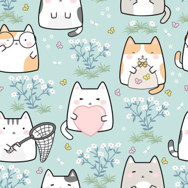 Kusursuz desenli Kawaii Şirin Kedi, Çizgi Film Hayvanı Arkaplanı, Vektör İllüzyonu