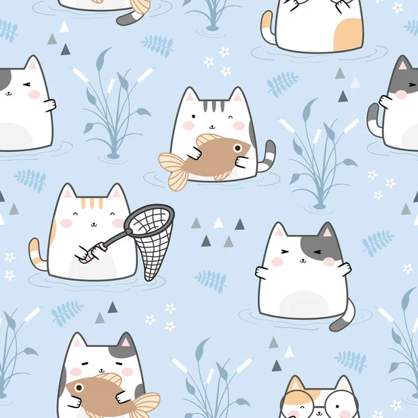 Seamless Pattern Kawaii Cute Cat Cartoon Animals Background Vector Illustration — 스톡 벡터