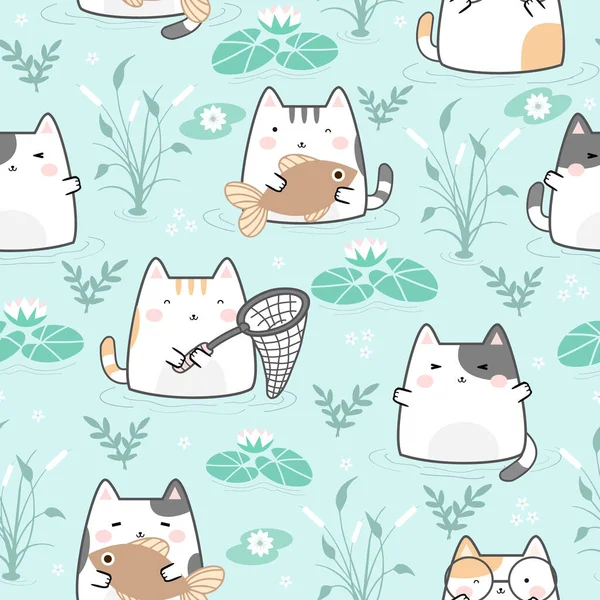 Seamless Pattern Kawaii Cute Cat Cartoon Animals Background Vector Illustration — 스톡 벡터