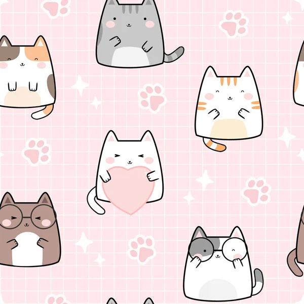 Gatos Bonitos Sem Costura Kawaii Desenhos Animados Design Padrão Para —  Vetores de Stock