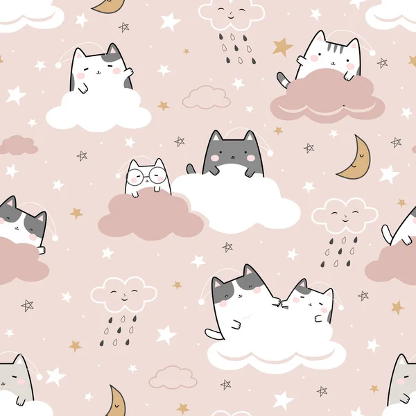 Seamless Pattern Kawaii Cute Cats Sleeping Cartoon Animals Background Vector — Stock Vector