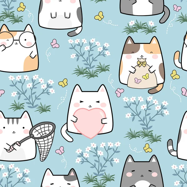 Nahtloses Muster Kawaii Cute Spring Cat Cartoon Tiere Hintergrund Vektor — Stockvektor