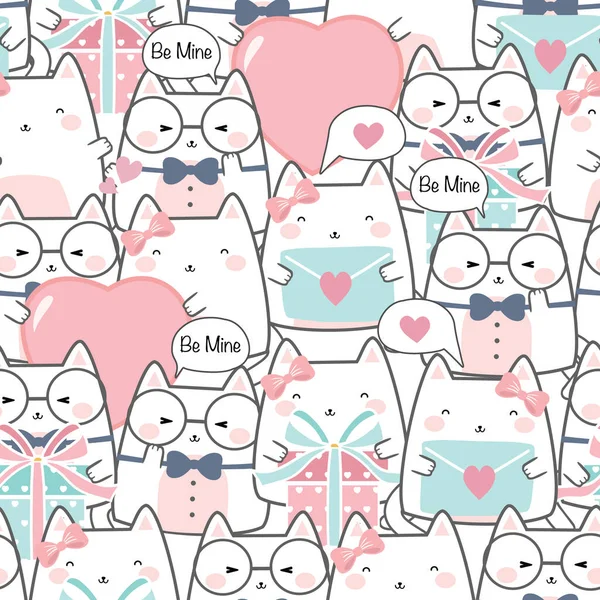 Seamless Kawaii Cute Cats Fallin Love Cartoon Animals Pattern Design — 스톡 벡터