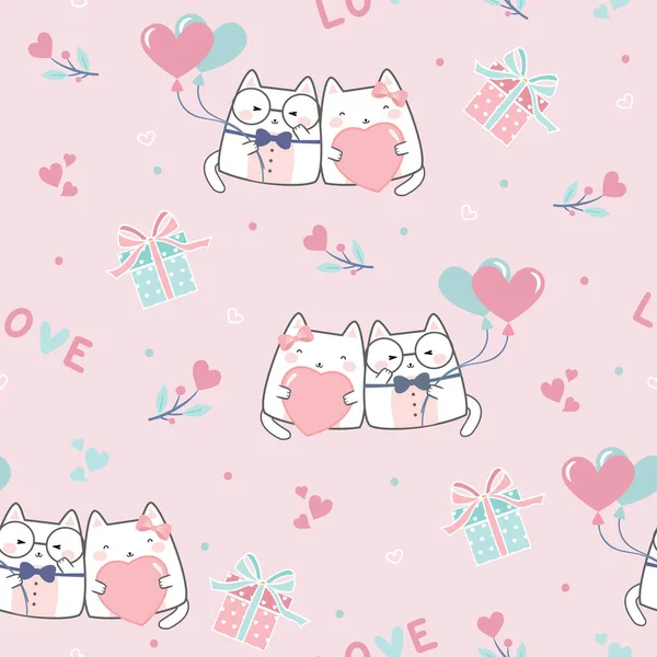Seamless Kawaii Bonito Gatos Fallin Love Desenhos Animados Design Padrão —  Vetores de Stock