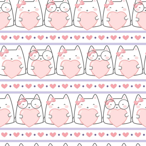 Kawaii Inconsútil Lindos Gatos Enamoran Dibujos Animados Animales Patrón Diseño — Archivo Imágenes Vectoriales