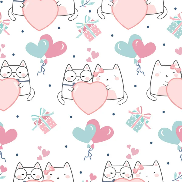 Nahtlose Kawaii Cute Cats Fallin Love Cartoon Animals Pattern Design — Stockvektor