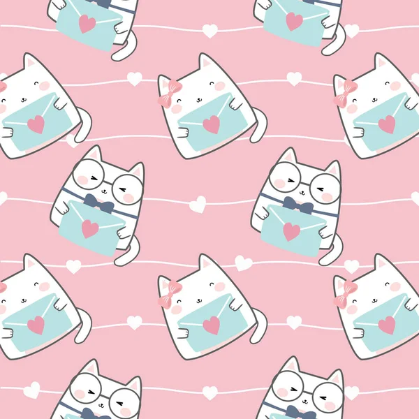 Nahtlose Kawaii Cute Cats Fallin Love Cartoon Animals Pattern Design — Stockvektor