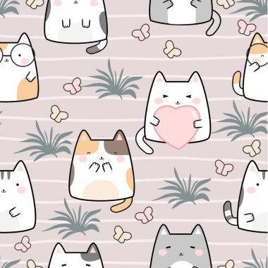 Kusursuz desenli Kawaii Şirin Kedi, koleksiyon defteri, dekorasyon, kartlar, kağıt eşyalar, arka plan, duvar kağıdı, ambalaj, kumaş ve tüm yaratıcı projeler için tasarım. Vektör İllüstrasyonu