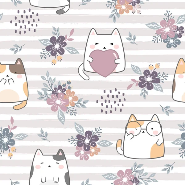 Nahtlose Muster Niedliche Katze Und Blume Auf Gestreiften Pinselstrich Hintergrund — Stockvektor