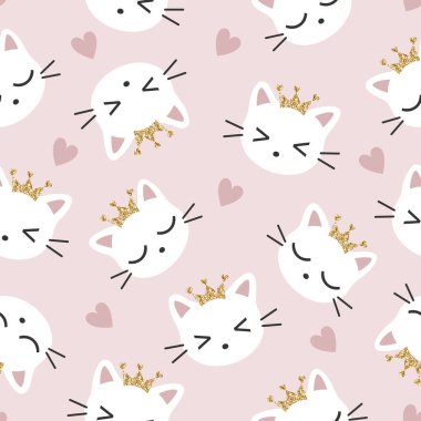 Cute cats seamless pattern, cute white cat head and love. White cats and kittens. Vector illustration on a pink background. Design for scrapbooking, decoration, card, paper goods, background, wallpaper, wrapping, fabric and all your creative projects
