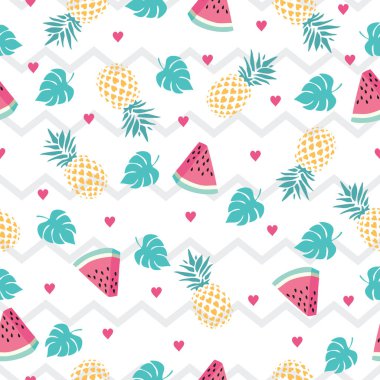 Seamless pattern love pineapple, watermelon and leaves on zig zag background. Design for scrapbooking, decoration, cards, paper goods, background, wallpaper, wrapping, fabric and all your creative projects