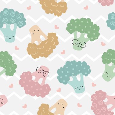 Seamless Pattern Kawaii Broccoli. Vector Illustration. Design for scrapbooking, decoration, cards, paper goods, background, wallpaper, wrapping, fabric and all your creative projects