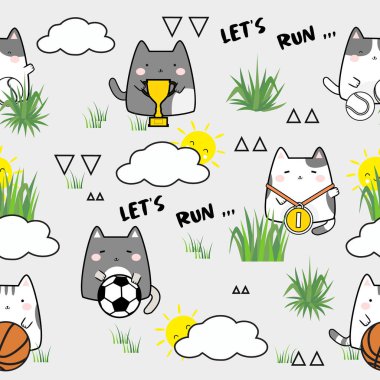 Seamless pattern cute sport cat. Kitten theme pattern. Design for scrapbooking, decoration, cards, paper goods, background, wallpaper, wrapping, fabric and all your creative projects. Vector illustration