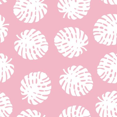 Seamless pattern tropical leaves. White leaves on pink background. Design for scrapbooking, decoration, cards, paper goods, background, wallpaper, wrapping, fabric and all your creative projects. Vector illustration