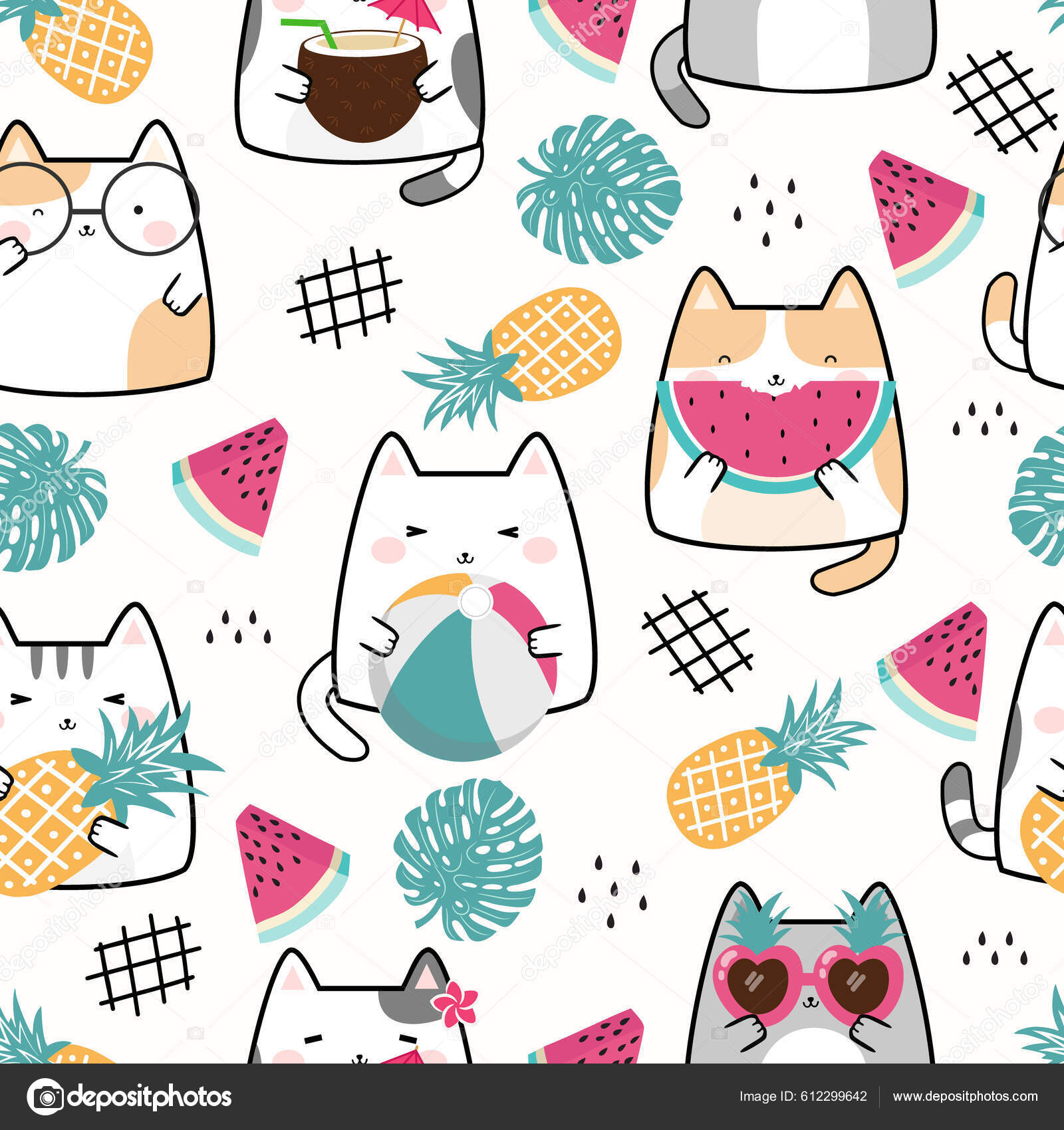 Seamless Pattern Kawaii Summer Cute Cats Design Scrapbooking ...