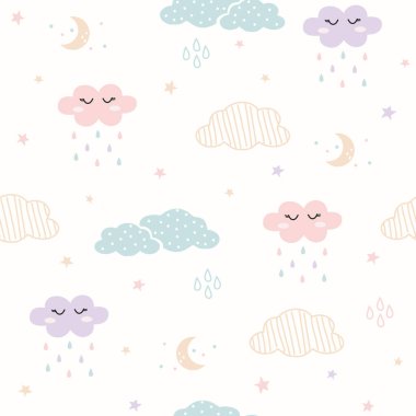 Kusursuz kawaii desenli bulutlar ve ay. Kağıt ürünleri, arkaplan, duvar kağıdı, ambalaj, baskı, kumaş, kundaklama, giysi ve tüm yaratıcı projeleriniz için tasarım