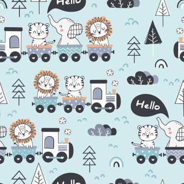 Trende kusursuz desenli şirin hayvanlar var. Mutlu fil, kaplan ve lokomotif üzerinde aslan. Çizgi film hayvanları arka planı, arka plan tasarımı, duvar kağıdı, ambalaj, kumaş ve tüm yaratıcı projeleriniz