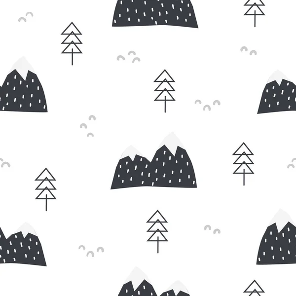 可爱的手绘无缝图案与树木和雪山 有创意的斯堪的纳维亚林地背景 黑白涂鸦风格 矢量说明 — 图库矢量图片