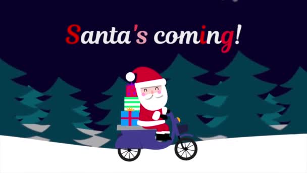 Santa přichází a Santa Claus s dárky na motorce