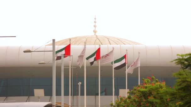 United Arab Emirates Flags Waving Diplomatic Building Six Flags Row — Stockvideo