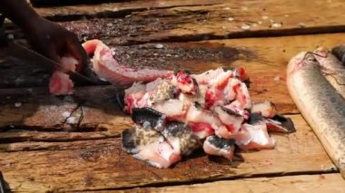 Black woman hands cutting fish into little pieces.. High quality FullHD footage