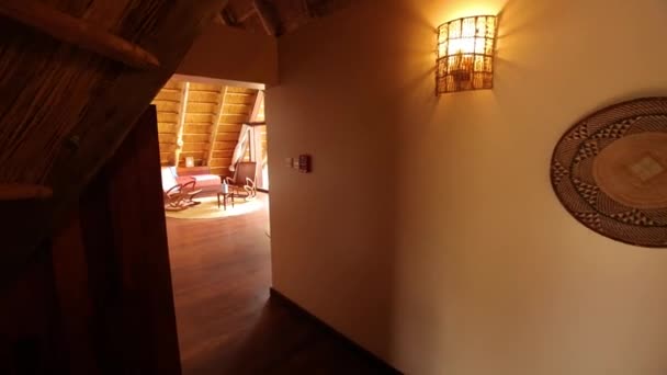 Application Shot Entering Luxury African Hotel Room Wooden Colonial Style — Stockvideo
