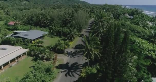 Drone Follows Two Cars Moving Exotic Road Ocean Cook Islands — Stockvideo