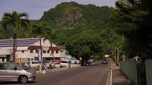 Городская Дорога Движущимися Автомобилями Центре Карибского Острова Пальмы Горы Высококачественные — стоковое видео