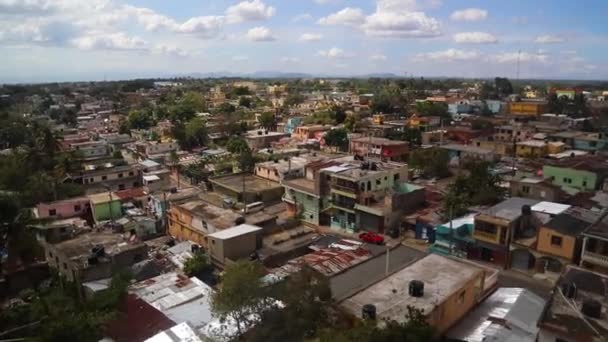 Aerial Shot Urban City Slums Cable Car Wagons Pass High — Wideo stockowe