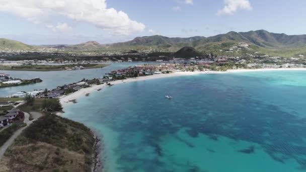 Aerial Drone Footage Exotic Turquoise Caribbean Ocean Town Beach High — Vídeos de Stock