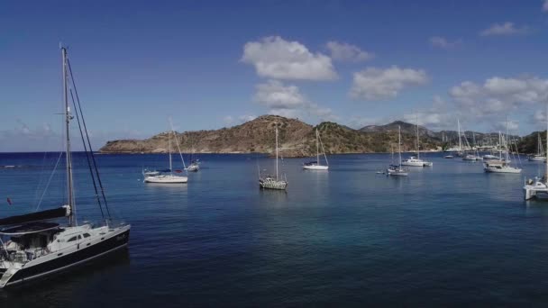 Aerial Drone Footage Harbor Luxurious Sailboats Caribbean Ocean High Quality — Vídeo de stock