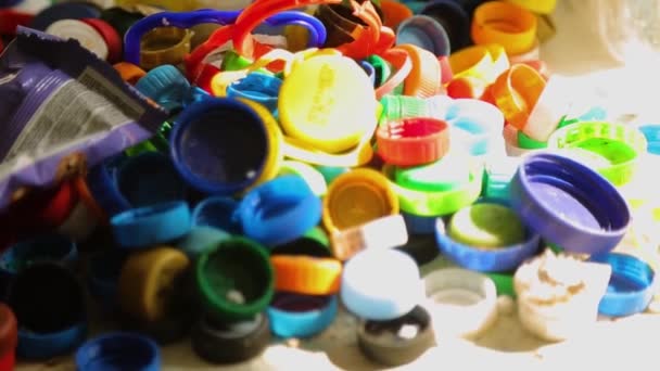 Many Multicolored Plastic Caps Recycling Purposes High Quality Fullhd Footage — Wideo stockowe