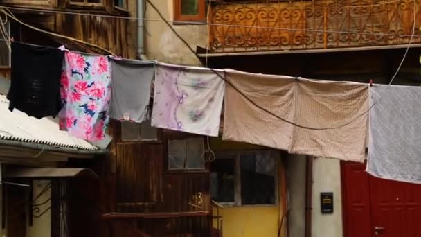 Laundry Washed Clothes Hanging Back Yard Street Odessa Ukraine High — Stok video