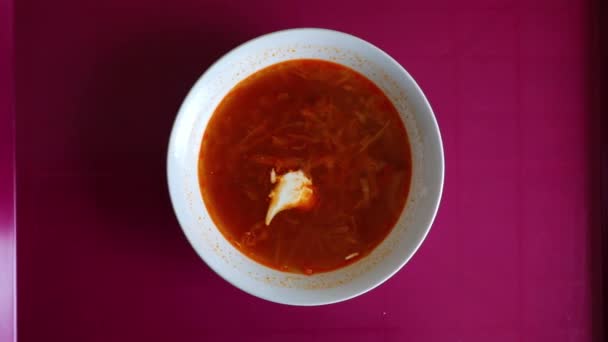 Iconic Ukrainian Dish Borsch Traditional Cuisine Red Soup Sour Cream — Stockvideo