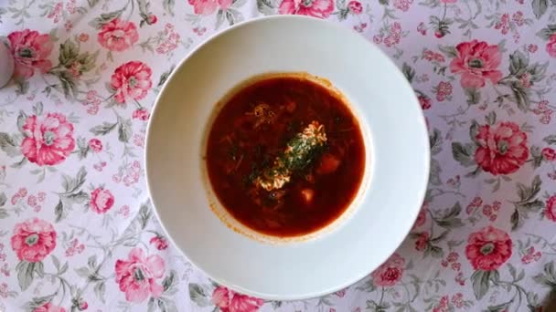 Iconic Ukrainian Dish Borsch Traditional Ukrainian Cuisine Red Soup Sour — 图库视频影像