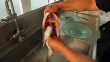 Mans hands wash gutted fish under the water jet, then put it on a green plate. Peru. High quality FullHD footage