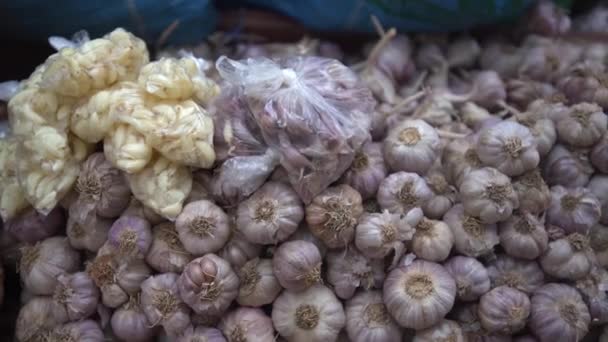 Garlic Pile Many Garlic Heads Row Garlic Clove Plastic Bag — 图库视频影像