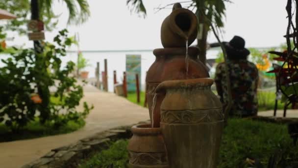 Caribbean Landscape Water Floats Huge Clay Vases Amphoras Installation — Stock video