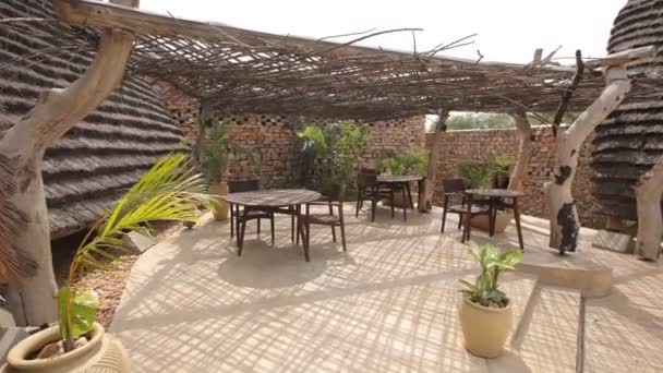 Interior Nice African Cafe Wooden Tables Chairs Plants Wooden Tent — Video Stock