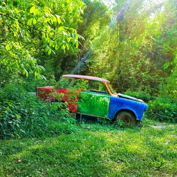 Rusty abandoned car wreck in the woods. Forest game dev background — Stock Photo, Image