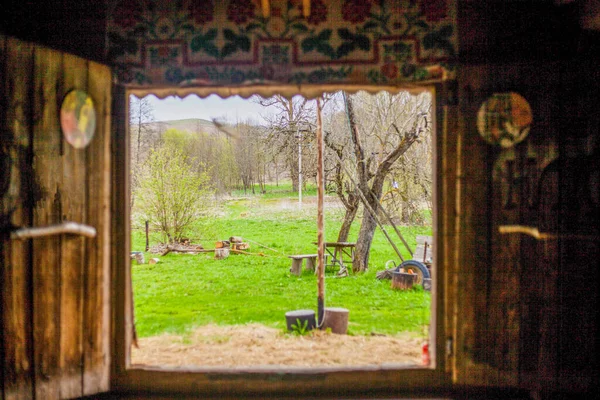 Foto Quintal Com Grama Verde Uma Aldeia Uma Casa Com — Fotografia de Stock