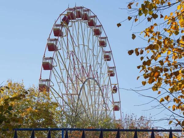 Foto Uma Roda Gigante Outono Parque Com Árvores Amarelas Cidade — Fotografia de Stock